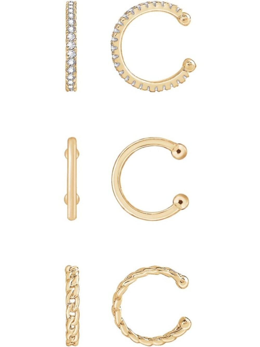14K Gold & Rhodium Plated Sterling Silver Set of 3 Stylish Ear Cuffs